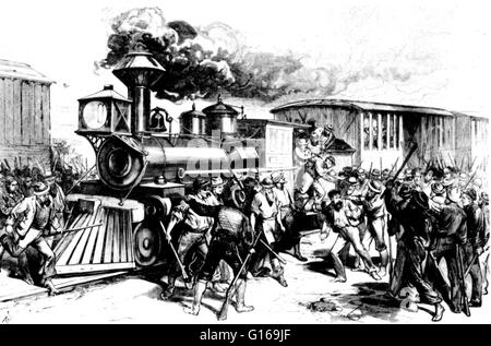 Die große Railroad Strike von 1877 begann am 14. Juli in Martinsburg, West Virginia, als Reaktion auf das Schneiden der Löhne für das zweite Mal in einem Jahr von der Baltimore & Ohio Railroad (B & O). Streikende Arbeiter würden nicht den bestand bis t Rollen ermöglichen Stockfoto