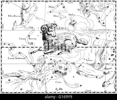 Widder-Konstellation von Johannes Hevelius Prodromus Astronomiae, Firmamentum Sobiescianum Sive Uranographia, 1687. Widder ist eines der Sternbilder des Tierkreises. Es liegt in der nördlichen Hemisphäre zwischen Fische nach Westen und Taurus zum e Stockfoto