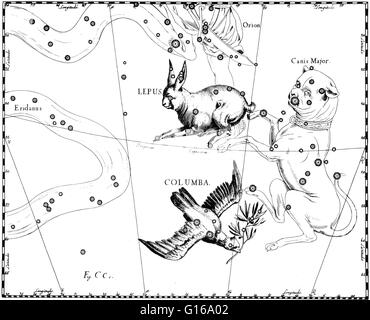 Lepus Konstellation von Johannes Hevelius Prodromus Astronomiae, Firmamentum Sobiescianum Sive Uranographia, 1687. Lepus ist ein Sternbild südlich des Himmelsäquators, unmittelbar südlich von Orion liegen. Sein Name ist lateinisch für Hase. Obwohl die Stockfoto