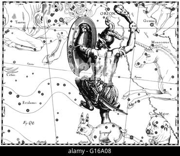 Sternbild Orion von Johannes Hevelius Prodromus Astronomiae, Firmamentum Sobiescianum Sive Uranographia, 1687. Orion ist eine prominente Konstellation befindet sich am Himmelsäquator und sichtbar in der ganzen Welt. Es ist eines der auffälligsten ein Stockfoto