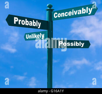 Optionen-Konzept. Mehreren Richtung Wegweiser zeigt verschiedene Optionen vor blauem Himmel. Stockfoto