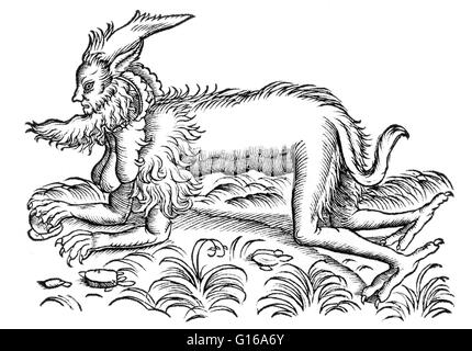 Satyr von Conrad Gesner Historiae Animailum. In der griechischen Mythologie sind die Satyrn Gottheiten von den Wäldern und Bergen. Sie sind halb Mensch und halb Tier; Sie haben meist eine Ziege Schweif, Flanken und Hufe. Während der obere Teil des Körpers, die ein Brummen ist Stockfoto