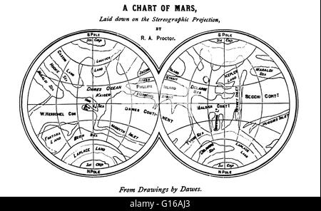 Richard Anthony Proctor (23. März 1837 - 12. September 1888) war ein englischer Astronom. Er ist am bekanntesten für eine der frühesten Karten des Mars im Jahre 1867 von 27 Zeichnungen produziert durch die englische Beobachter William Rutter Dawes. Proctor verdient eine sch Stockfoto