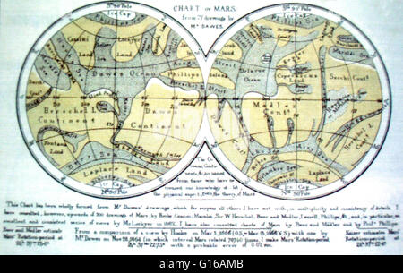 Mars-Karte, die stereographische Projektion. Richard Anthony Proctor (23. März 1837 - 12. September 1888) war ein englischer Astronom. Er ist am bekanntesten für eine der frühesten Karten des Mars im Jahre 1867 von 27 Zeichnungen produziert durch die englische Beobachter Willia Stockfoto