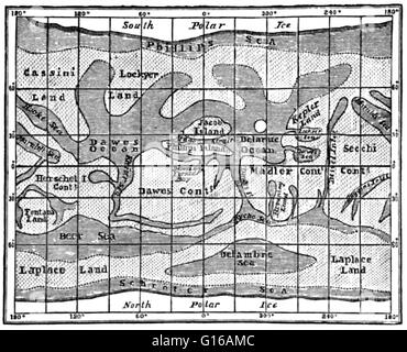 Mars-Karte. Richard Anthony Proctor (23. März 1837 - 12. September 1888) war ein englischer Astronom. Er ist am bekanntesten für eine der frühesten Karten des Mars im Jahre 1867 von 27 Zeichnungen produziert durch die englische Beobachter William Rutter Dawes. Proctor ea Stockfoto