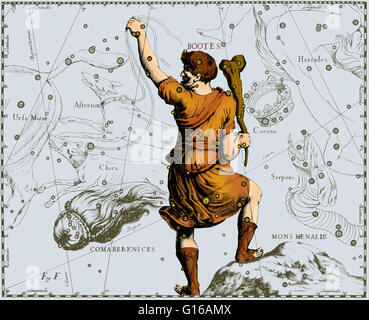 Bootes Konstellation von Johannes Hevelius' Prodromus Astronomiae, Firmamentum Sobiescianum Sive Uranographia, 1687. Hevelius Sternatlas ist einzigartig unter den großen Atlanten bei der Auswahl der Konstellationen darzustellen, wie sie auf einem Globus, d. h. erscheinen würden Stockfoto