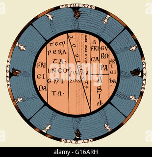 ' T und o ' (Orbis Terrarum) Karte der mittelalterlichen Welt von Macrobius Ambrosius, zeigt die Klimazonen und die Mare Magnum, die Great Ocean die gedacht wurde, um der bewohnten Welt aus einer unbekannten Kontinent im Süden trennen. Stockfoto