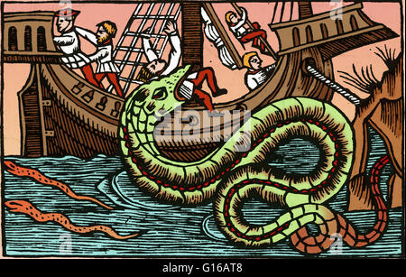 Olaus Magnus' 1555 Arbeit Geschichte der nördlichen Völker beschreibt er den Kraken, eine Schlange so dreist, dass es aus seiner Unterwasserhöhle auf hellen Sommernächte zum Schlemmen, Kälber, Lämmer und Schweine herauskommen würde. Dieses Tier soll 200 Fuß lang gewesen sein und Stockfoto