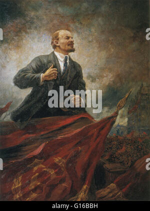 "Lenin auf dem Podium", gemalt postum im Jahre 1929 von Aleksandr Gerasimov. Vladimir Ilyich Lenin (22. April 1870 - 21. Januar 1924) war ein russischer marxistischer revolutionär, Politiker, russischer Staatsmann und marxistischer Theoretiker. Lenin war die Tannen Stockfoto