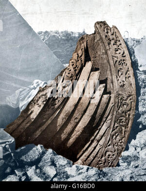 Das Oseberg-Schiff ist ein gut erhaltenes Wikingerschiff in einen großen Grabhügel auf dem Bauernhof Oseberg in Norwegen entdeckt. Das Schiff wurde dann in seine Grabhügel reicht von 834 n. Chr., aber Teile des Schiffes stammen aus rund 800 und das Schiff selbst ist gedacht, um Stockfoto