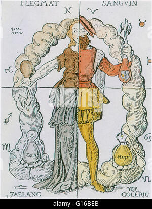 Bildunterschrift: "vier Körpersäfte, vom Buch der Alchemie von Thurn-allererst, Leipzig, Deutschland (1574)." Zur Veranschaulichung der vier Körpersäfte mit einem halben männlichen und weiblichen Halbfigur. Humorismus war ein glaube, ein Überschuss oder Mangel an einer der vier verschiedenen Körperflüssigkeiten, bekannt als Stockfoto