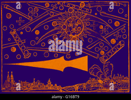 Verbesserung der Farbe von einem Holzschnitt aus dem 16. Jahrhundert genannt Nürnberg UFO von Hans Glaser. Bei Sonnenaufgang am 14 April 1561 sah die Bürgerinnen und Bürger der Stadt Nürnberg "Eine sehr schreckliche Schauspiel." Am Himmel erschien, mit zylindrischen Objekten aus, rot, schwarz, Orang zu füllen Stockfoto