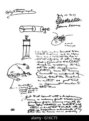 Reproduktion der Seite aus Edisons Notizbuch er seine erste Konzeption des Phonographen nahm. Der Phonograph wurde 1877 von Thomas Edison erfunden. Während andere Erfinder Geräte produziert hatte, die Klänge aufnehmen konnte, war Edisons Phonograph der Stockfoto