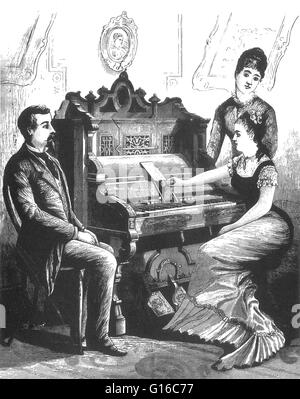 Gally's Autophone erschienen im Juni 1879 in Scientific American. Jeder Ton ist ein Loch in die Schriftrolle. Merritt Gally (15. August 1839 - 1916) war ein US-amerikanischer Erfinder. Er erlernte das Druckgewerbe, studierte an der University of Rochester im Jahre 1863, Stockfoto