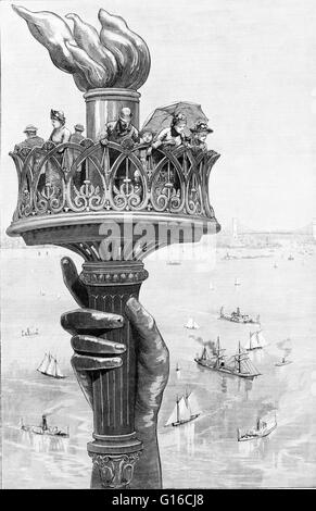 Illustration von Frank Leslie Zeitung mit dem Titel: "die Fackel der Freiheitsstatue, als es wird angezeigt, wenn auf Bedloe's Island, 1885 fertiggestellt. Die Freiheitsstatue ist eine kolossale neoklassische Skulptur auf Liberty Island im New Yorker Hafen, entworfen Stockfoto