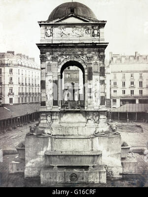 Die Fontaine des Innocents wie bei Marché des Innocents in Paris, kurz vor einem seiner mehrere Umzüge und Rekonstruktionen installiert. Fotografiert von Charles Marville, 1858. Ursprünglich hieß den Brunnen der Nymphen, war es konstruierte betwee Stockfoto