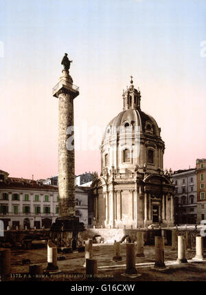 Trajanssäule ist eine römische Siegessäule in Rom, Italien, das römische Kaiser Trajan in den dakischen kriegen Sieg. Es befindet sich in Trajan Forum, in der Nähe der Quirinal Hügel nördlich des Forum Romanum erbaut. Im AD 113, die freistehende abgeschlossen Stockfoto