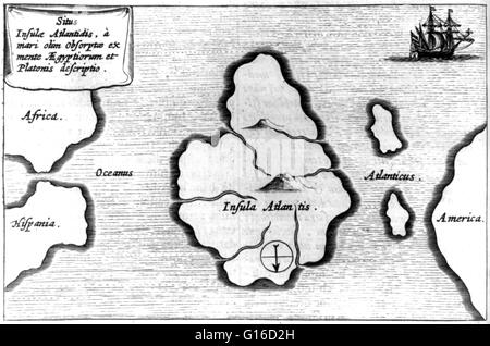 Athanasius Kirchers Karte von Atlantis, mitten im Atlantischen Ozean von Mundus Subterraneus, 1665-Ausgabe. Die Karte orientiert sich mit Süd an der Spitze. Die Geschichte von dem verlorenen Kontinent Atlantis startet 355 v. Chr. mit der griechische Philosoph Platon. In Stockfoto