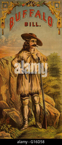 Buffalo Bill, William Frederick Cody, in Wildleder Kleidung, mit Gewehr und Pistole. Lithographie von Monsch Brüder, 1870 veröffentlicht. William Frederick "Buffalo Bill" Cody (26. Februar 1846 - 10. Januar 1917) war ein amerikanischer Soldat, Bison Jäger und showm Stockfoto