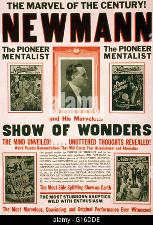 Unter dem Titel: "das Wunder des Jahrhunderts! Newmann und seine wunderbare Show der Wunder Lithographie Plakat, 1930. Charles Andrew George Newmann (28. November 1880 - 29. Dezember 1952) war ein US-amerikanischer Mentalist Hypnotist und Pionier. Er entstand während der Pionier Stockfoto