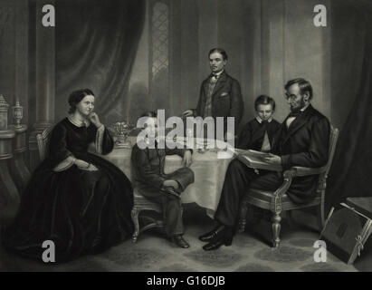 Lincoln-Familie im Jahre 1861, gemalt von F.B. Carpenter, gestochen von j. C. Buttre. Abraham Lincoln (12. Februar 1809 - 15. April 1865) war der 16. Präsident der Vereinigten Staaten, von März 1861 bis zu seiner Ermordung im Jahre 1865. Er führte sein Land durch die A Stockfoto