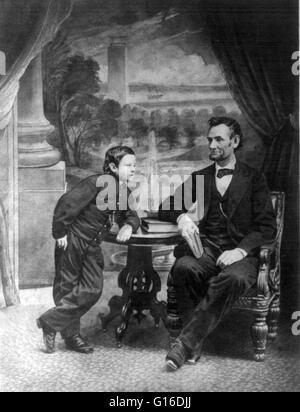 Präsident Lincoln und sein Sohn Thaddeus. Fotografiert von Alexander Gardner, 5. Februar 1865. Abraham Lincoln (12. Februar 1809 - 15. April 1865) war der 16. Präsident der Vereinigten Staaten, von März 1861 bis zu seiner Ermordung im Jahre 1865. Er führte seine Länder Stockfoto