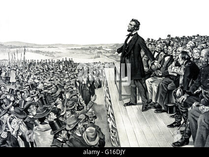 Lincolns Adresse bei der Einweihung des Gettysburg Staatsangehörig-Kirchhof, 19. November 1863. Die Gettysburg Address ist eine Rede von US-Präsident Abraham Lincoln, einer der bekanntesten in der amerikanischen Geschichte. Es wurde von Lincoln während der amerikanischen Ci geliefert. Stockfoto