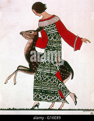 Unter dem Titel: "La Biche Apprivoisée (Doe gezähmt) Mode-Platte von Poiret, 1922. Paul Poiret (20. April 1879, 30. April 1944) war ein führender französischer Modeschöpfer in den ersten zwei Jahrzehnten des 20. Jahrhunderts. Als Teenager nahm Poiret seine Skizzen Stockfoto