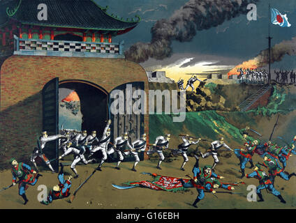 Unter dem Titel: "allgemeine Offensive der alliierten Armeen gegen Tien-Chin, Firma 8 Regiment II Infanterie Absturz in Tien-Kinn durch den Süden im Inneren Tor." Japanische Truppen, die durch ein Tor platzen und Einbindung der Boxers in Tianjin, China Kräfte zeigt. Die Stockfoto