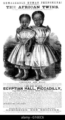 Unter dem Titel: "bemerkenswerte menschliche Phänomene! Die afrikanische Zwillinge Christina und Milly, sind jetzt zu sehen, Egyptian Hall, Piccadilly. " Holzschnitt-Werbung mit einer Illustration von siamesischen Zwillingen, 1855. Millie McCoy und Christine McCoy (11. Juli 1851 - 8. Oktober Stockfoto