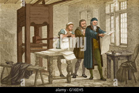 Inspektion der erste Korrekturbogen seiner Bibel Gutenberg gedruckt von Movable Type. Johannes Gensfleisch Zur beladenes Zum Gutenberg (1398 - 3 Februar 1468) war ein deutscher Schmied, Goldschmied, Drucker und Verleger, der moderne Buchdruck eingeführt. Seine i Stockfoto