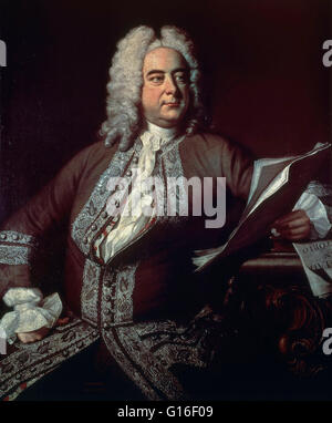 Händel-Porträt von Gemälde von T. Hudson, 1749. George Frideric Handel (5. März 1685 - 14. April 1759) war ein deutsch-britischer Barock-Komponist, berühmt für seine Opern, Oratorien, Hymnen und Orgelkonzerte. Wichtige musikalische Ausbildung erhielt er in Halle, H Stockfoto