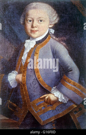 "Mozart im Alter von sechs in seiner Gala Anzug, dass Kaiserin Maria Therese gab ihm als Geschenk", Pietro Antonio Lorenzoni zugeschrieben. Wolfgang Amadeus Mozart (27. Januar 1756 - 5. Dezember 1791) war eine produktivsten und einflussreichsten Komponisten der Klassik äh Stockfoto