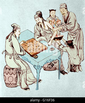 Arzt Hua Tuo auf der Kriegsheld Juan Kung für Nekrose der Arm durch eine Wunde in der Schlacht. Das Go-Spiel wird gespielt wird, um den Patienten Aufmerksamkeit ablenken. Hua Tuo (ca. 140-208) war eine antike chinesische Arzt lebte in der späten Ostern Stockfoto