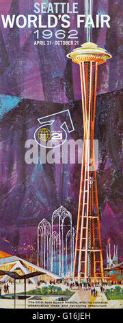 1962-Abbildung von Seattle der Weltausstellung auf dem Cover eine touristische Broschüre Stockfoto