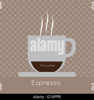 Eine Tasse Kaffee mit Dampf, mit reinen Kaffee und Espresso Inschriften in umrissen, auf einem braunen Hintergrund mit Punkten, digitale Stock Vektor