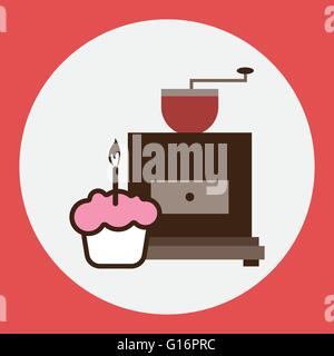 Eine braune Kaffeemühle mit einem rosa Kuchen mit brennenden Kerzen, in umrissen, über einen roten runden Hintergrund, digitale Vektor-Bild Stock Vektor
