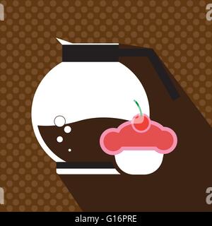 Ein Glas Kaffee mit einem roten Kuchen mit Kirschen und Schatten, in umrissen, auf einem braunen Hintergrund mit Punkten, digitale Vektor-Bild Stock Vektor
