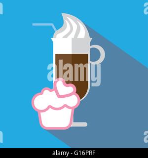 Ein Glas Kaffee mit Eis und Strohhalm, mit einem rosa Kuchen mit Herz und Schatten, in Grundzügen über einen blauen Hintergrund, digitale Stock Vektor