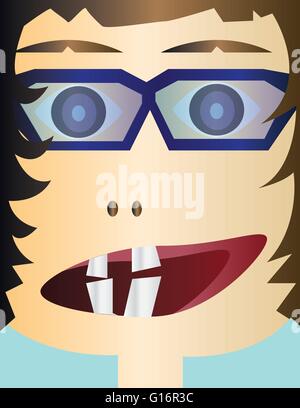 Gruselige Kind Kopf cartoon Charakter mit Brille und offenem Mund mit Zähnen. Digitalen Hintergrund-Vektor-Illustration. Stock Vektor