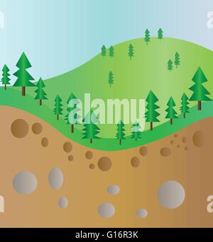 Grüne Bäume Abschnitt Berglandschaft mit braunen Boden und Steinen. Digitalen Hintergrund-Vektor-Illustration. Stock Vektor