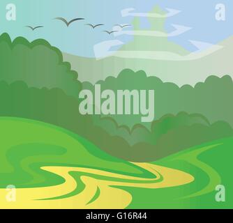 Grüne Bäume in einem Wald und eine gelbe Straße mit Vögel in den blauen Himmel. Digitalen Hintergrund-Vektor-Illustration. Stock Vektor