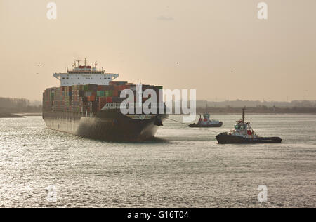 Schleppboote Unterstützung Containerschiff von Dünkirchen Hafen verlassen Stockfoto