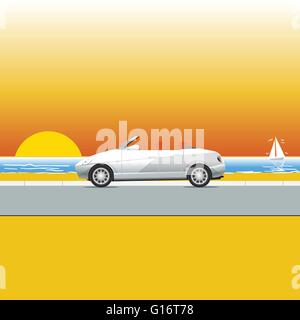 Weißen Cabrio auf einer sonnigen Strand-Straße. Reisen Flyer Abbildung. Sommerurlaub-Poster oder Banner. Sonnenuntergang an der Stock Vektor