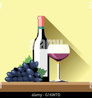 Ein Glas und eine Flasche Rotwein und eine blaue reife Traube mit Grün lässt auf eine braune Oberfläche und einen gelben Hintergrund, digitale vect Stock Vektor