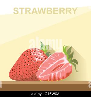 Eine ganz große Reife Erdbeere mit grünen Blättern und einer halben Erdbeere auf einem Tisch, digitale Vektorgrafik. Stock Vektor
