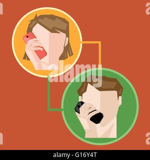 Ein Weibchen und ein Männchen im Kreis im Chat via Mobiltelefon, über einem braunen Hintergrund, digitale Vektor-Bild Stock Vektor