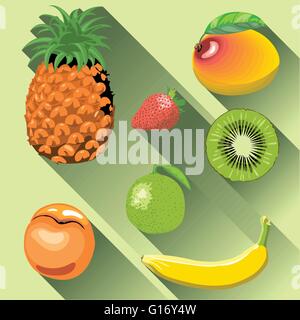 Eine Reihe von Früchten mit Schatten, Ananas, Mango, Pfirsich, Kiwi, Banane, Erdbeere und Zitrone, digitale Vektorgrafik. Stock Vektor