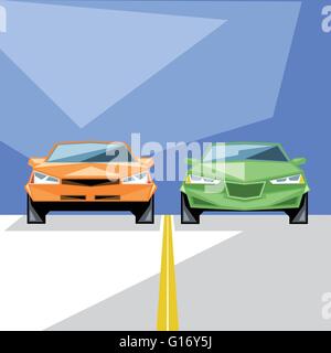 Eine orange und grüne Autos am Start für ein Rennen und eine gelbe Linie, Vorderansicht, auf blauem Hintergrund, digitale Vektor-Bild Stock Vektor