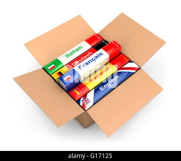 3D Box mit Sprachlehrbücher, isolierten weißen Hintergrund Stockfoto